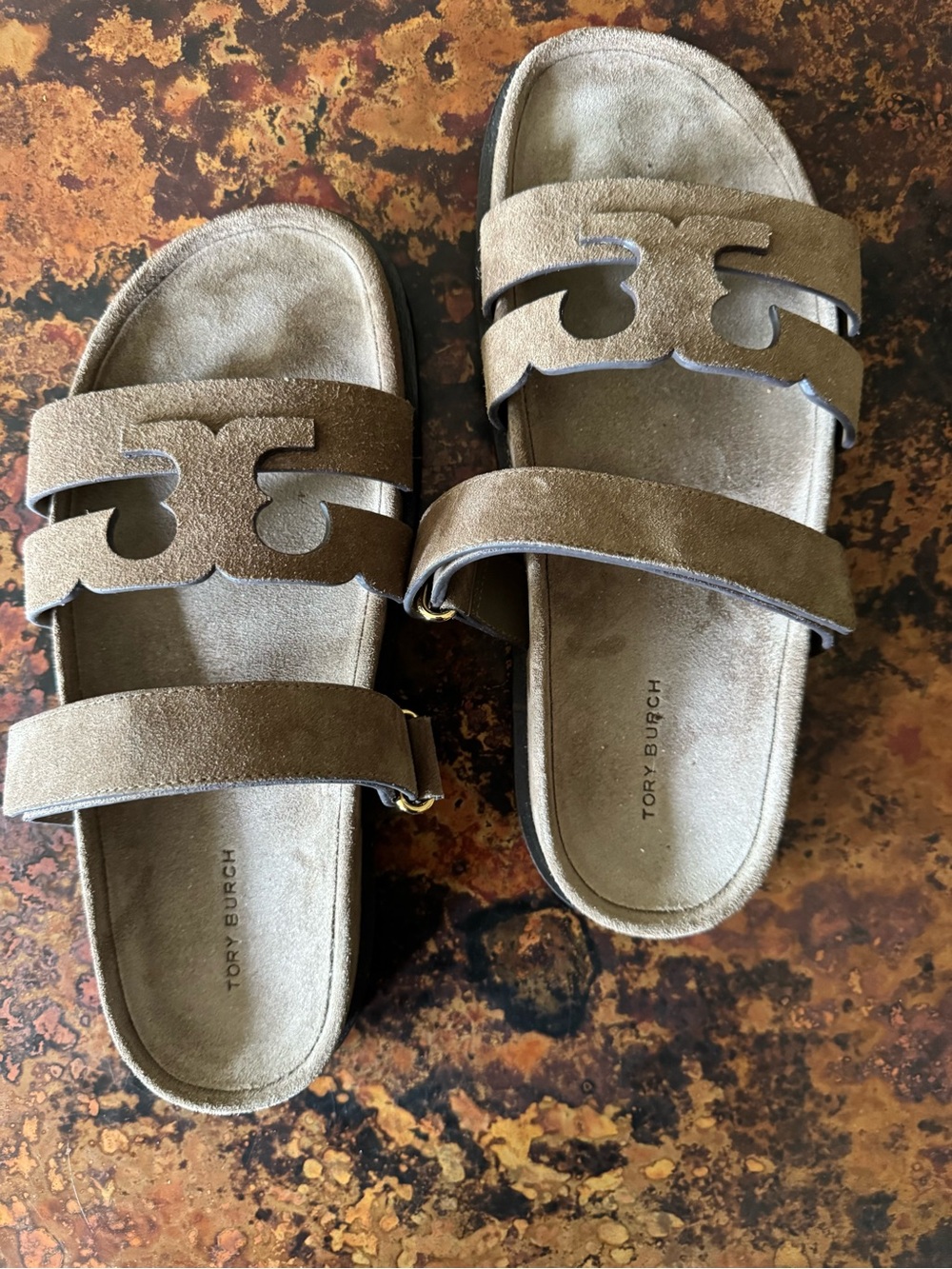 Tory Burch Taupe Suede Double-Strap Slide Sandals … only worn once !